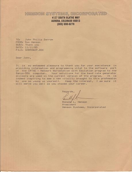 A letter from 1985 thanking John for some computer programming he did