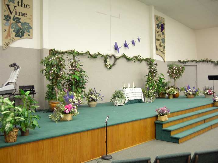 Platform in the church building decorated for the wedding
