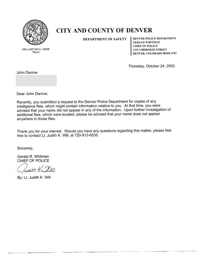 [Second letter from Denver Police saying I'm not in their spy files.]